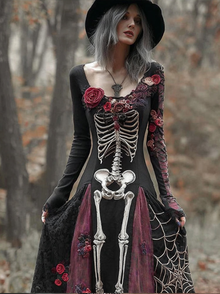 Women's Halloween Skeleton Flower Spider Silk Embroidered Long Dress