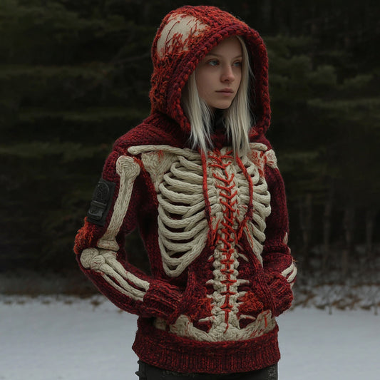 Women's Vintage Halloween Skeleton Gradient Knit Hooded Sweater