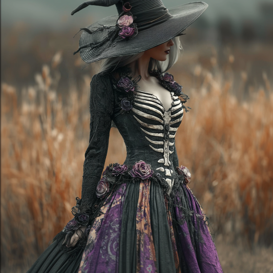 Lady's Halloween Skeleton Octopus Retro Cotton And Linen V-neck Dress