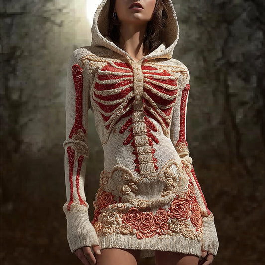 Halloween Bloody Skeleton & Floral Art Women's Knit Mini Dress