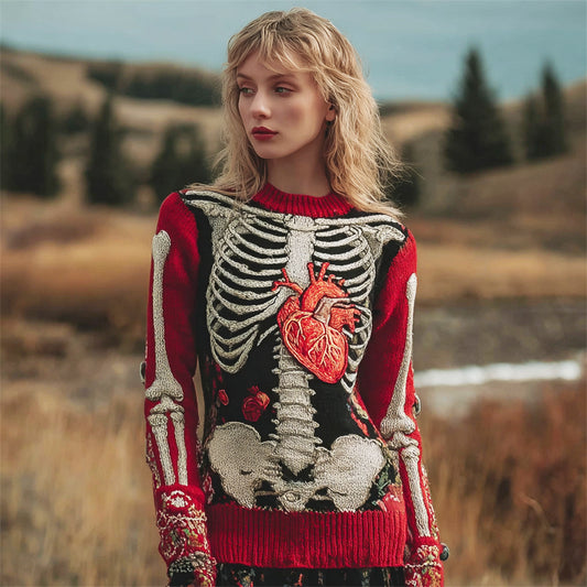 Vintage Skeleton & Heart Art Women's Knit Crew Neck Sweater