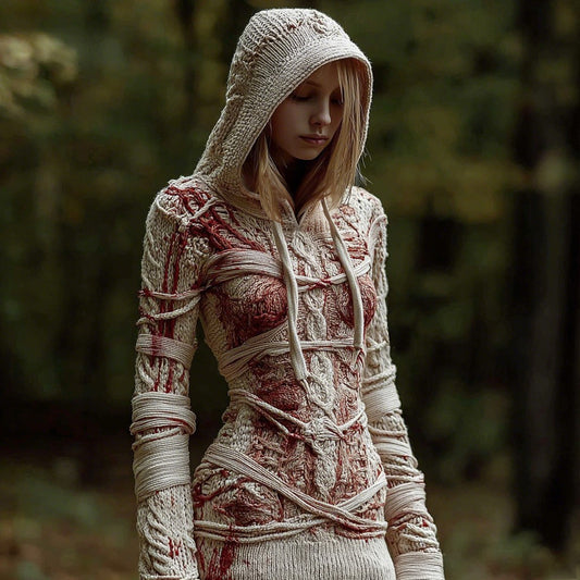 Women's Vintage Halloween Bandage Art Knit Hooded Sweater