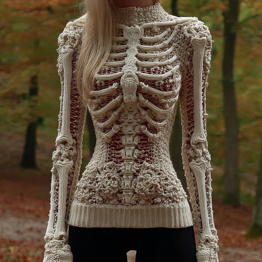 Vintage Skull Art Knit Turtleneck Sweater