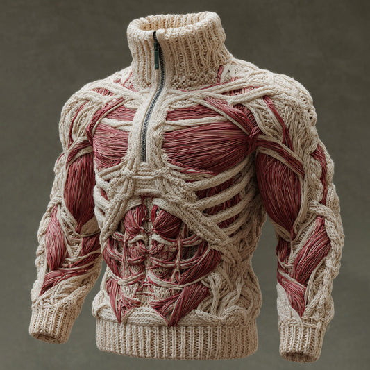 Men's Vintage Muscles Art Jacquard Cozy Knitted Half-zip Turtleneck Sweater