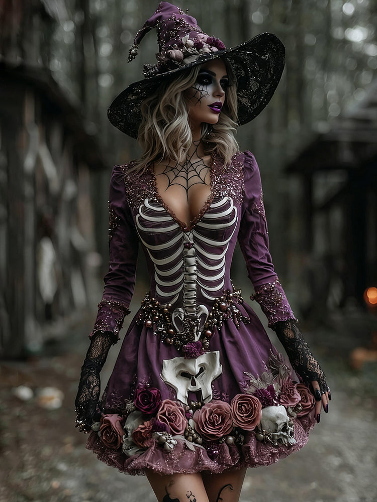 Women's Witch Skull Flower Spider Web Midi Dress