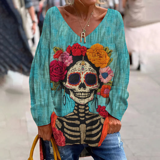 Classy Mexican Sugar Catrina Couple Day Of The Dead Inspired Pattern Art Printed V-Neck T-Shirt