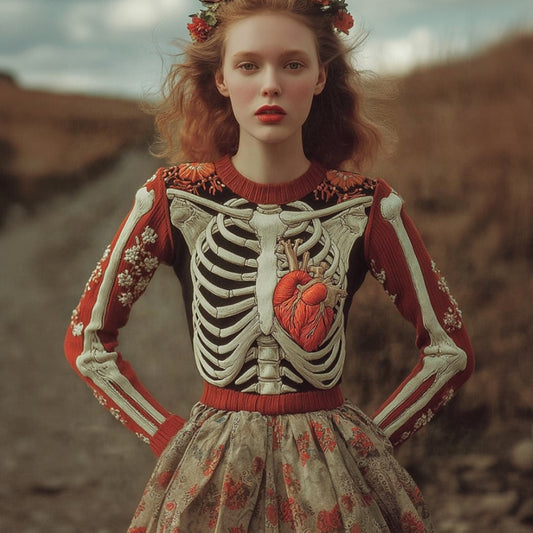 Women's Halloween Anatomy Art And Flower Color Blocked Round Neck Sweater