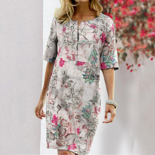 Women Vintage Tunicas Retro Floral Print Slite Dresses