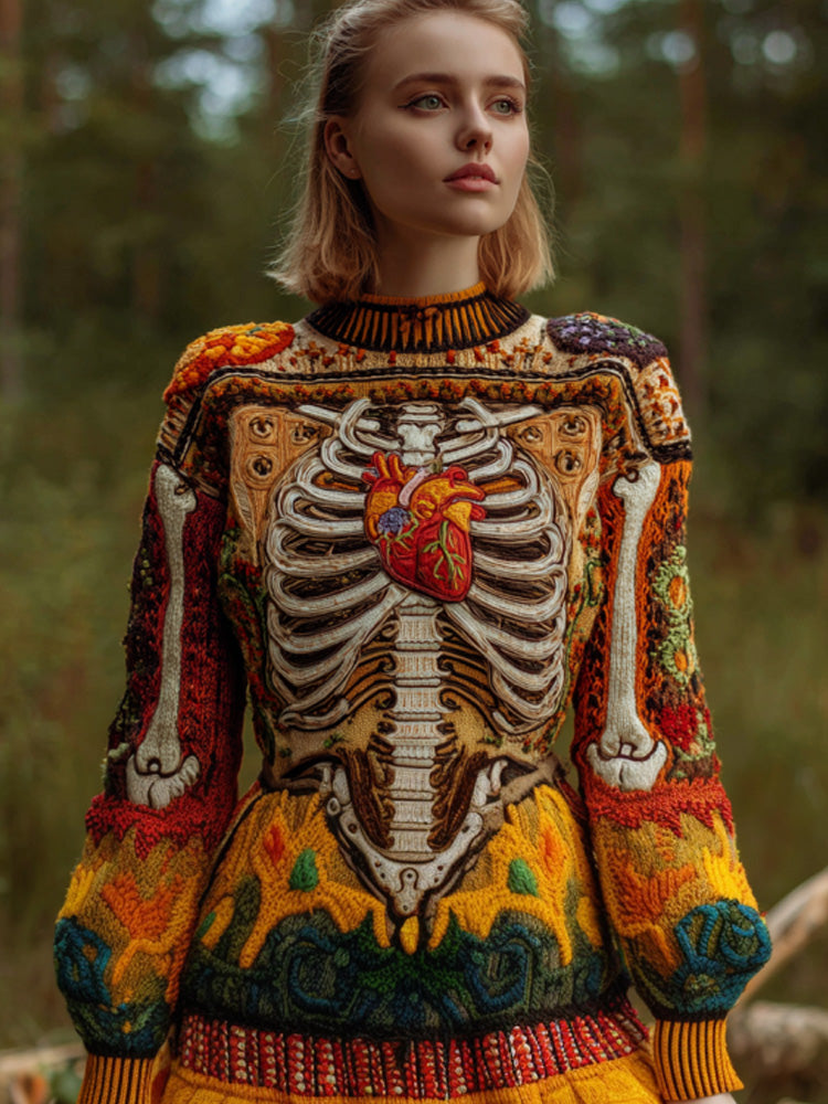 Vintage Halloween Human Anatomy Art Sense Thick Needle Round Neck Sweater
