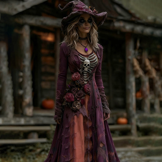 Women's Halloween Rose Skeleton Witch Role Play Round Neck Maxi Dress