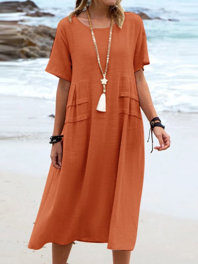 Loose Casual Cotton Linen Solid Color Mid Length Dress