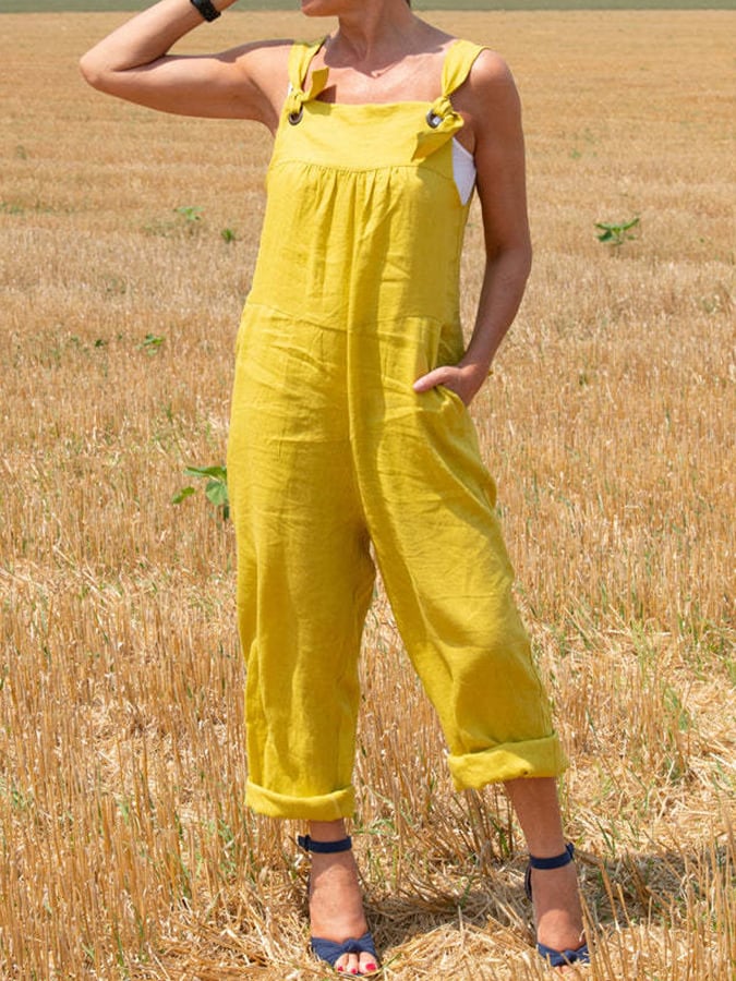 Solid Loose Cotton Linen Strap Jumpsuit