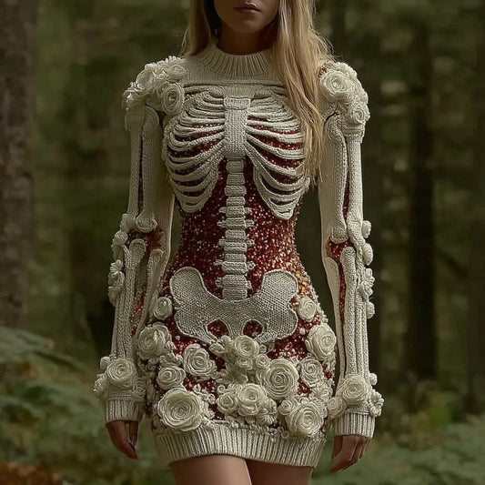 Women's Vintage Halloween Skeleton Bones Rose Art Cozy Knit Mini Sweater Dress