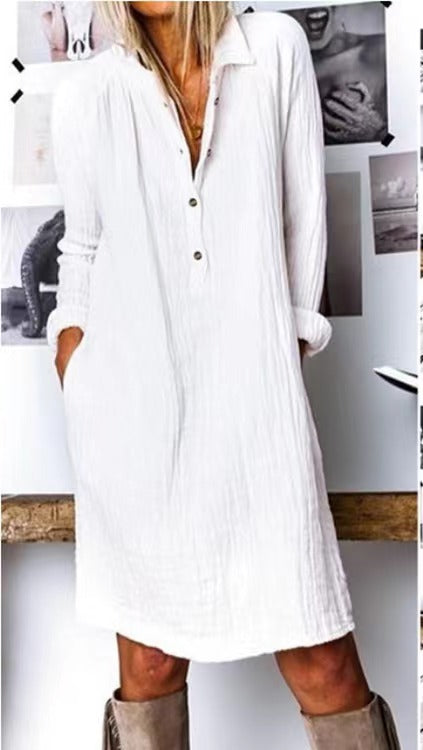 Women Fashion Loose Solid Color Cotton Linen Casual Dresses