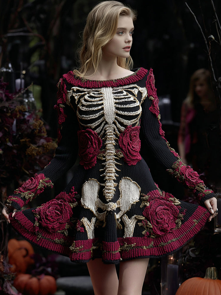 Women's Vintage Floral Skull Pattern Knit Mini Sweater Dress