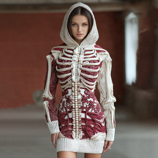 Women's Halloween Skeleton Bones With Floral Art Cozy Knit Hooded Sweater Dress