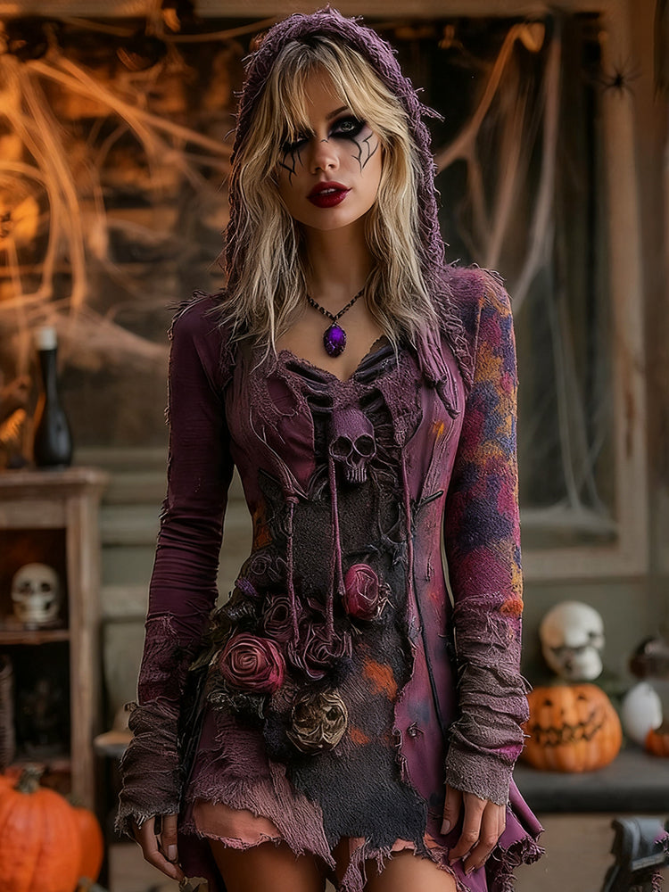Women's Halloween Rose Skull Witch Cosplay Hooded T-shirt