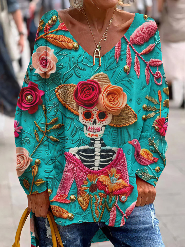 Classy Mexican Cute Sugar Skeleton Day Of The Dead Inspired Pattern Art Printed V-Neck T-Shirt