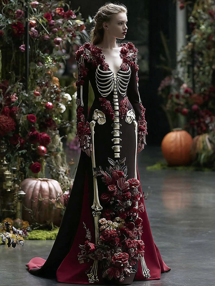 Halloween Skull Rose Art Elegant V-neck Dress