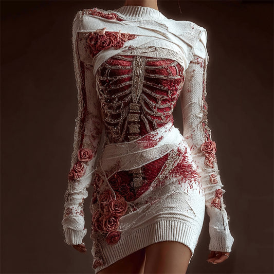 Classy Skeleton Anatomy Bloody Roses Bandages Knit Sweater Dress