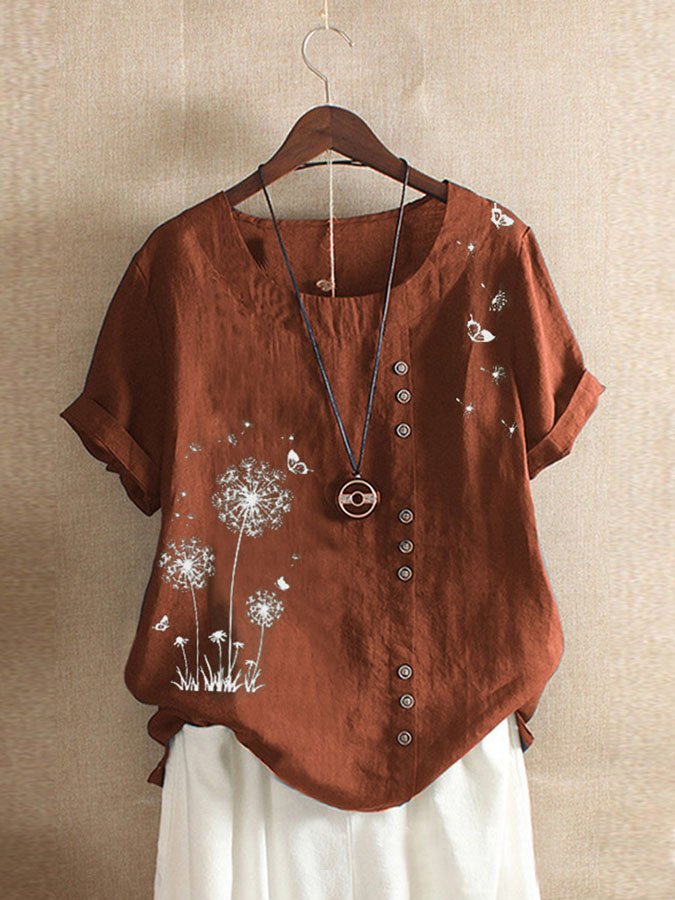 Airrys™ Cotton Linen Print Dandelion Short Sleeve Shirt