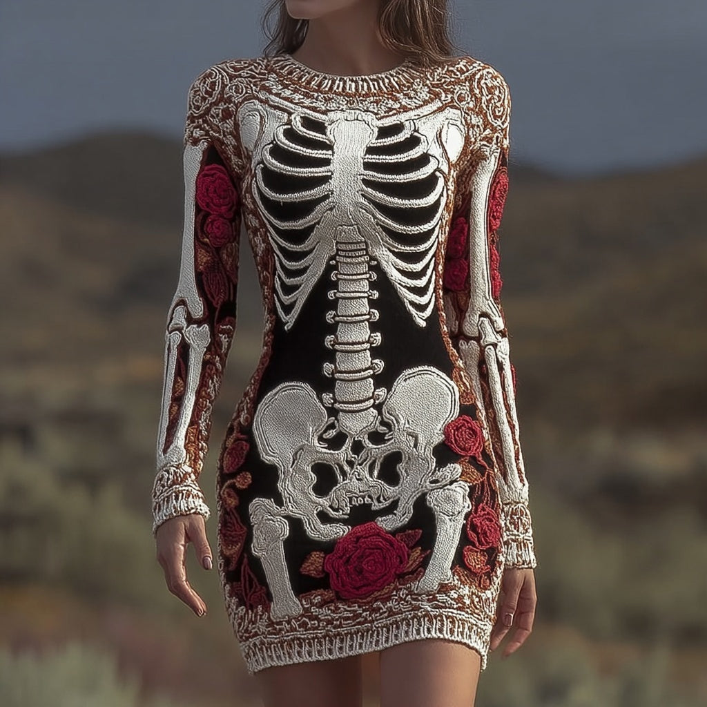 Vintage Skeleton Roses Art Slim Fit Cozy Sweater Dress
