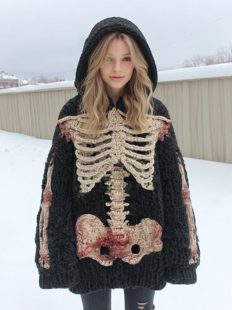 Women's Retro Skeleton Floral Art Knit Hooded Sweater