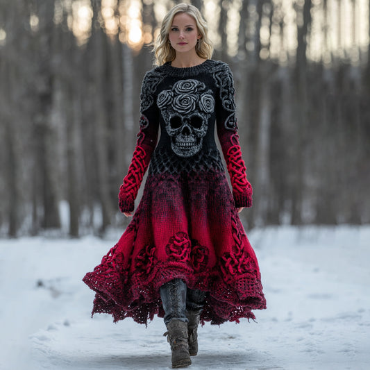 Women's Vintage Celtic Skull Gradient Art Comfy Sweater Long Dress