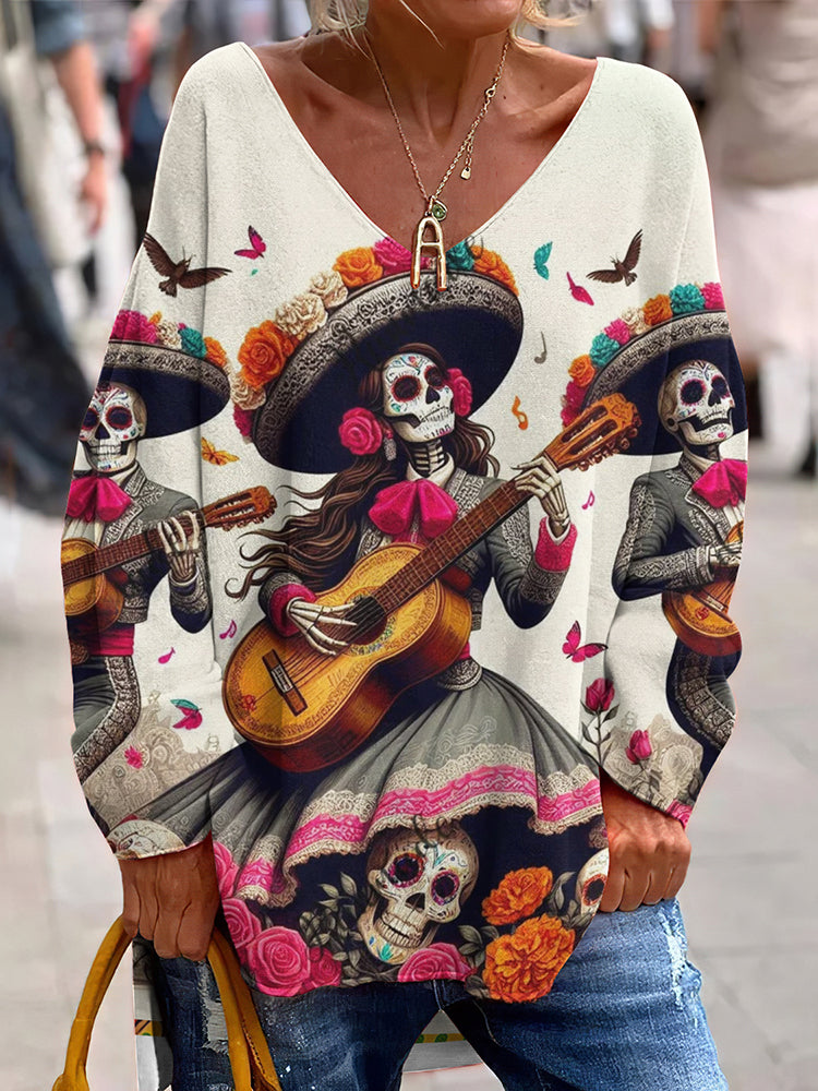 Classy Mexican Sugar Dia De Los Muertos Day Of The Dead Inspired Pattern Art Printed V-Neck T-Shirt