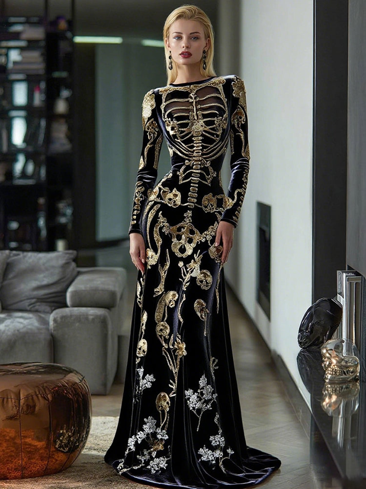 Women's Vintage Skeleton Bones In Gold Art Velvet Maxi Dress
