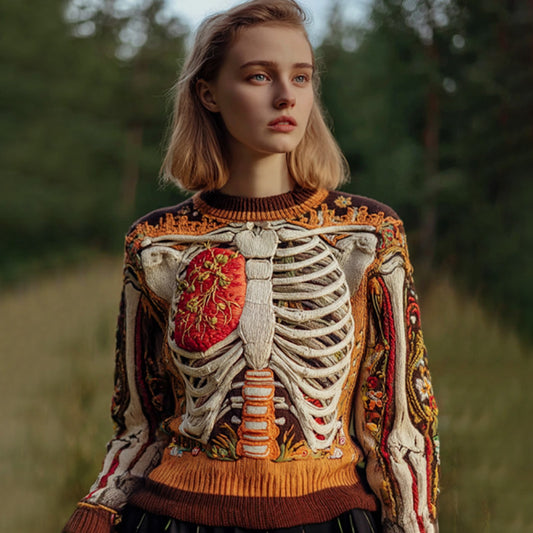 Vintage Halloween Human Anatomy Art Sense Thick Needle Round Neck Sweater