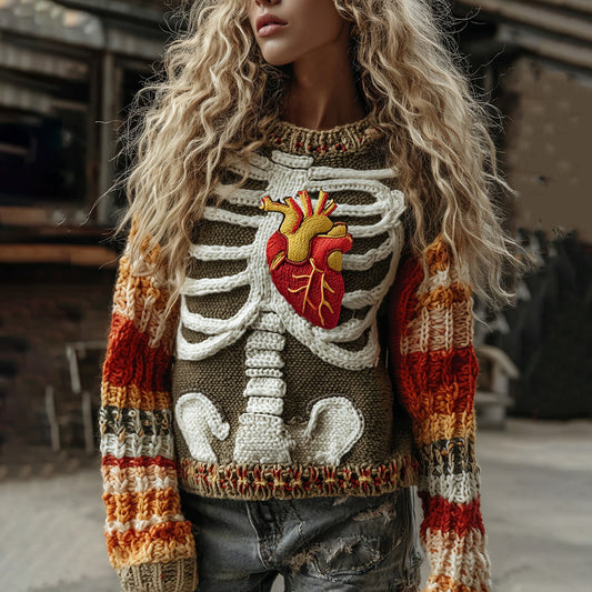Vintage Halloween Skeleton Bones With Cardiovascular Art Chunky Knitted Sweater