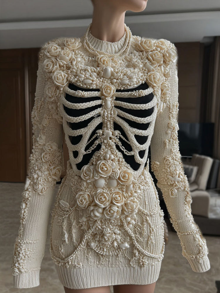Women's Vintage Skeleton & Pearl Art Cozy Sweater Dress