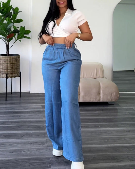 Lightweight Elastic Waist Wide-Leg Denim Palazzo Pants