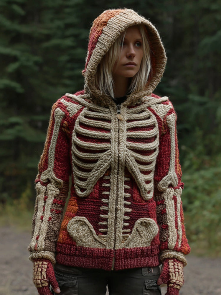 Women's Vintage Halloween Skeleton Art Knit Warm Zip Up Hooded Sweater