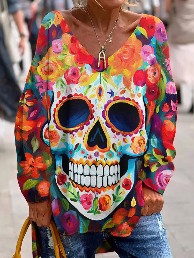 Mexican Day Of The Dead Skull Floral Art Inspired V-Neck T-Shirt