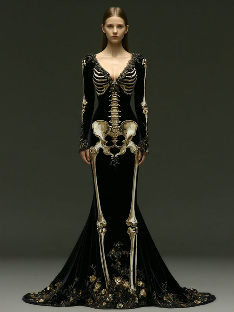 Women's Halloween Skeleton Velvet V Neck Maxi Dress