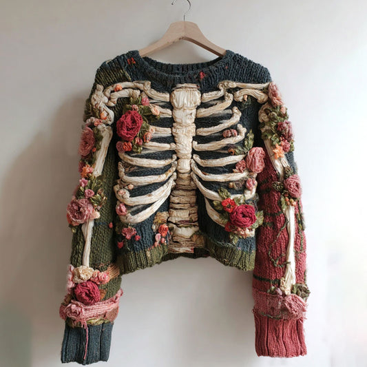 Women's Vintage Skeleton And Rose Art Color Block Cozy Sweater