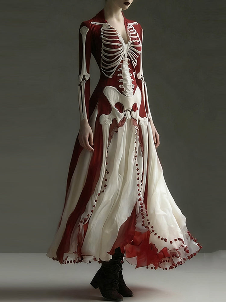 Women's Vintage Halloween Skull Art Linen V-neck Dress