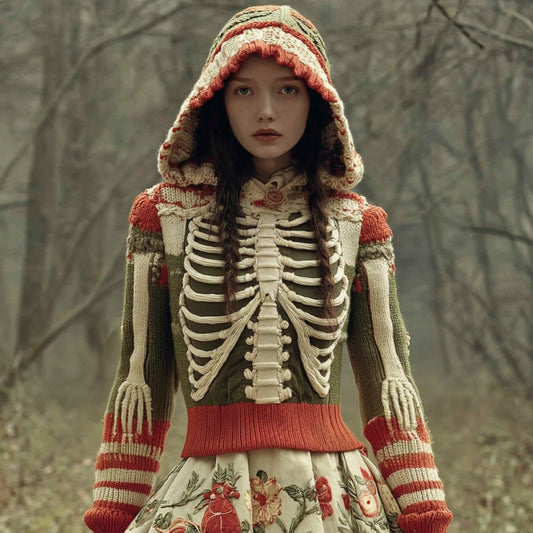 Women's Retro Skeleton Pattern Embroidery Art Knit Hooded Sweater