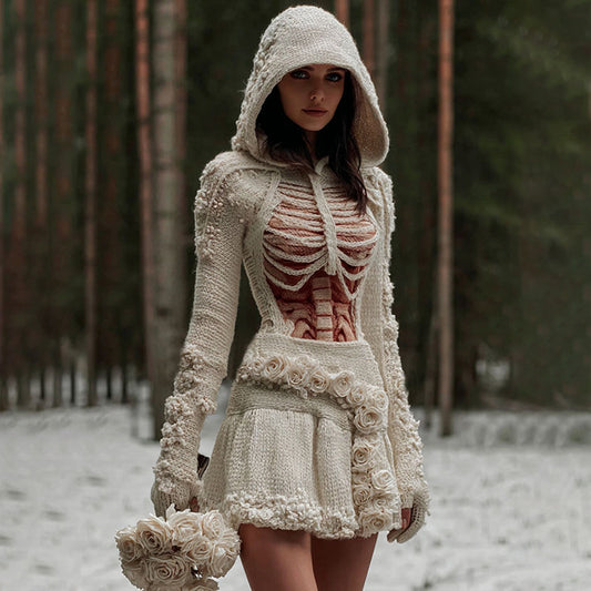 Women's Vintage Skeleton & White Floral Art Cozy Sweater Hooded Dress