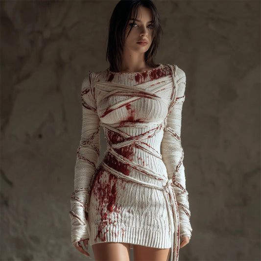 Halloween Bloody Bandages Tied Cozy Knit Sweater Dress