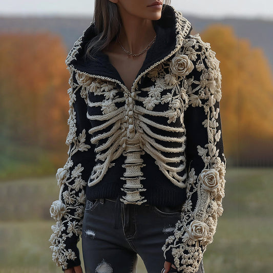 Women's Halloween Skeleton Bones With Floral Art Knitted Warm Hooded Sweater