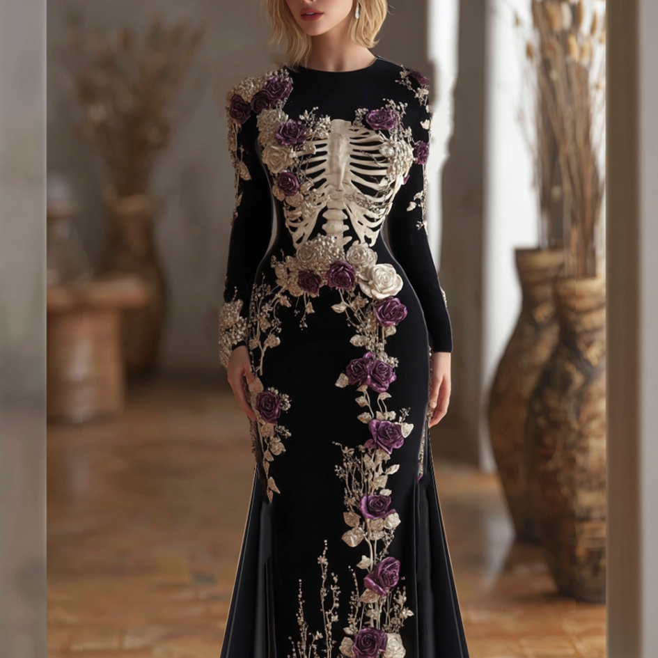 Halloween Theme Lady Round Neck Fitted Velvet Long Dress