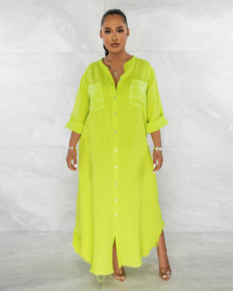SEQUINS POCKETS BUTTONED SHIRT LINEN DRESS