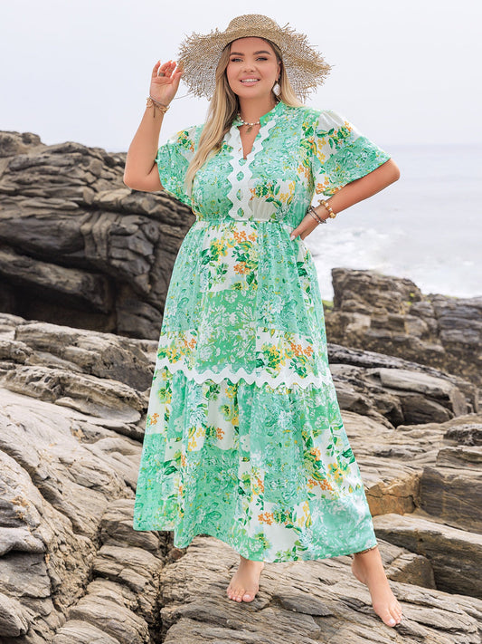 Plus Size Printed Notched Short Sleeve Maxi Dress