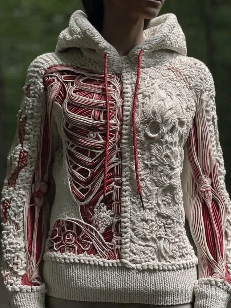Women's Vintage Halloween Skull And Muscle Art Knitted Warm Hooded Sweater