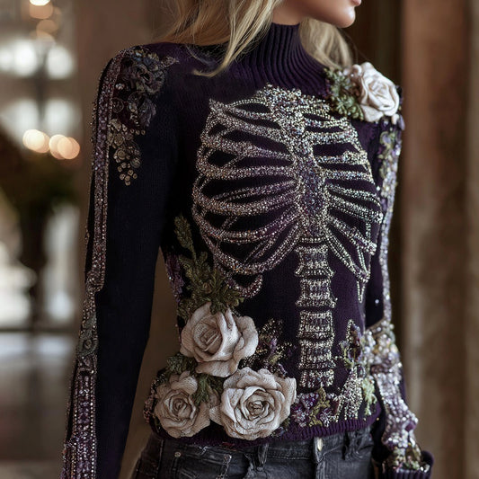 Women's Halloween Bloody Floral & Skeleton Art Turtleneck Slim Sweater