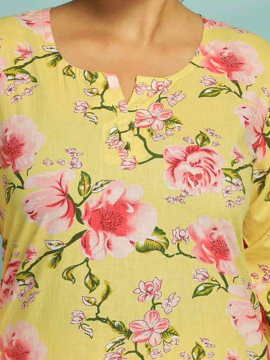 Yellow Floral Cotton Top & Pyjama Set