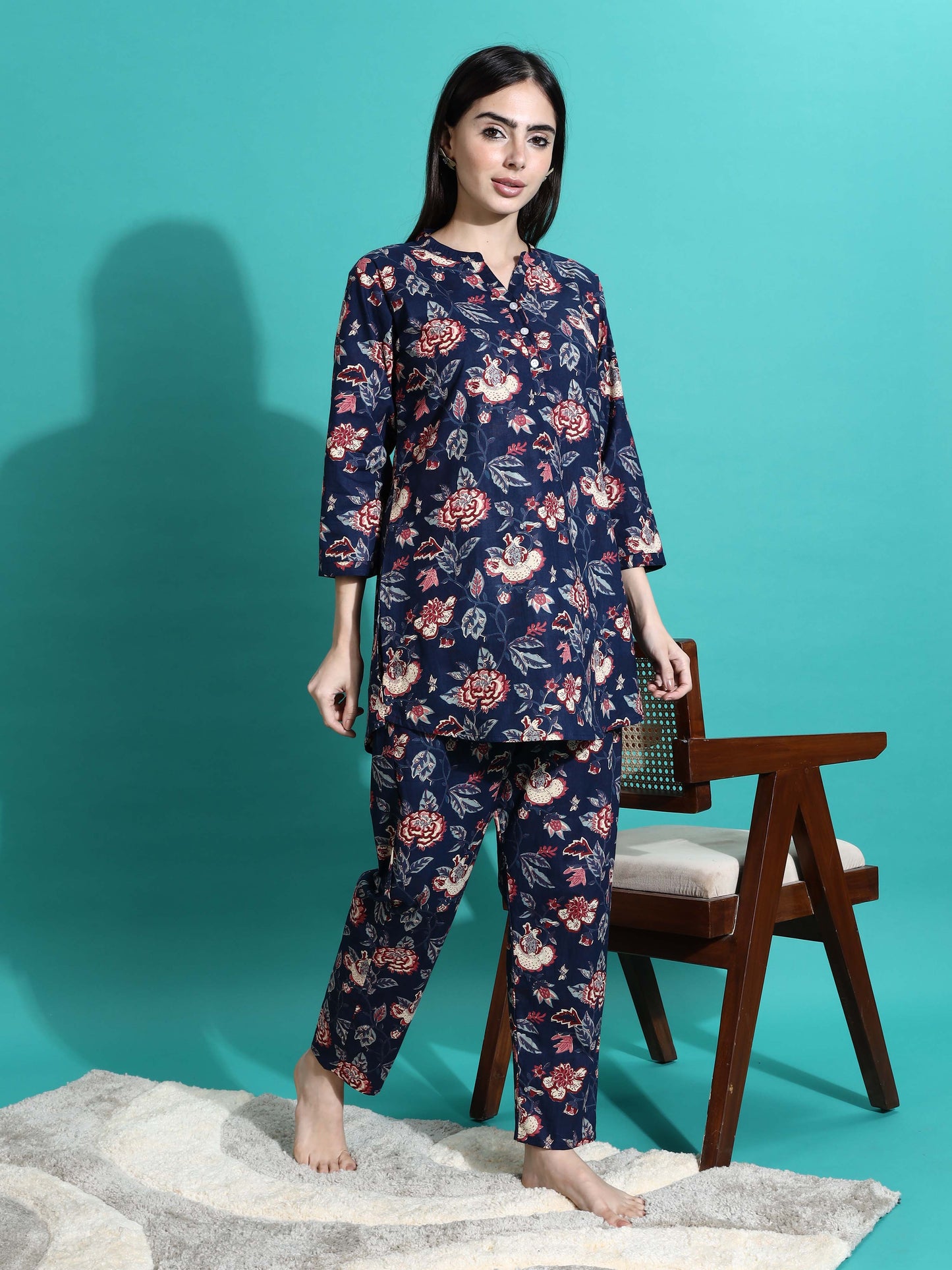 Navy Blue Printed Cotton Pyjama Set for Women Explore Comfort